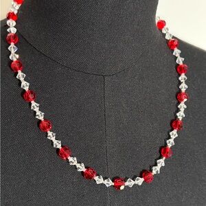 Vtg Glass Crystal Clear & Red Beads Necklace Sterling 925 Silver clasp